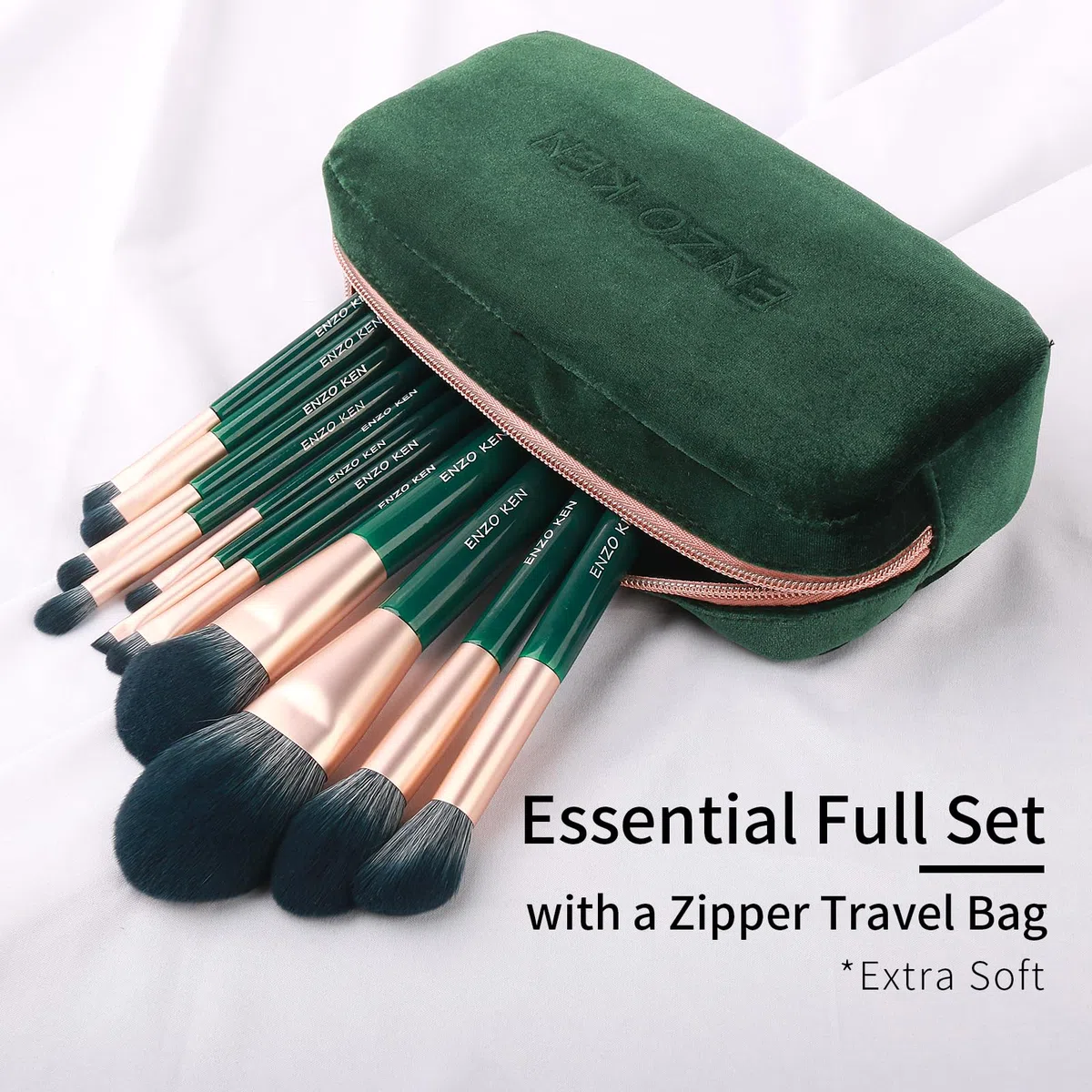 ENZO KEN Juego de Brochas de Maquillaje de Fibra Natural y Pelo de Cabra Professional, Set de Brochas de Maquillaje para Pelo Combinado con Bolso de Mano, Brochas Verde de Pelo Natural.