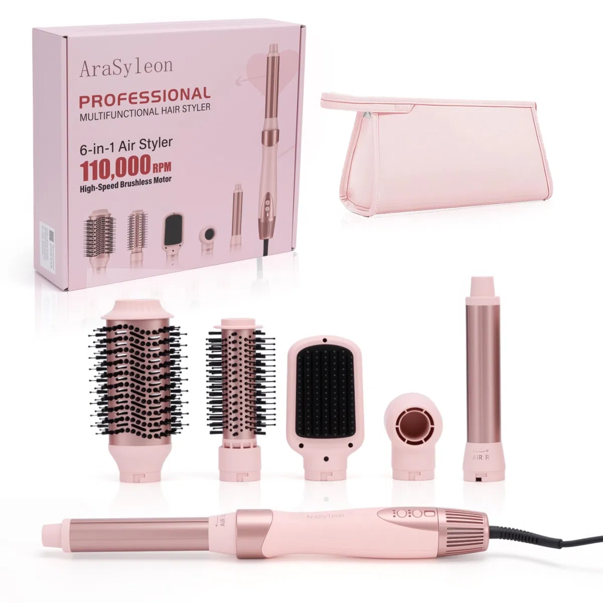 AraSyelon Multifunction Hair Styler 6 en 1 - Secador Profesional, Cepillo de Aire Caliente (25/32/48/68mm), Rizador Automático 32mm, Cepillo Alisador, 110,000 rpm, con Iones