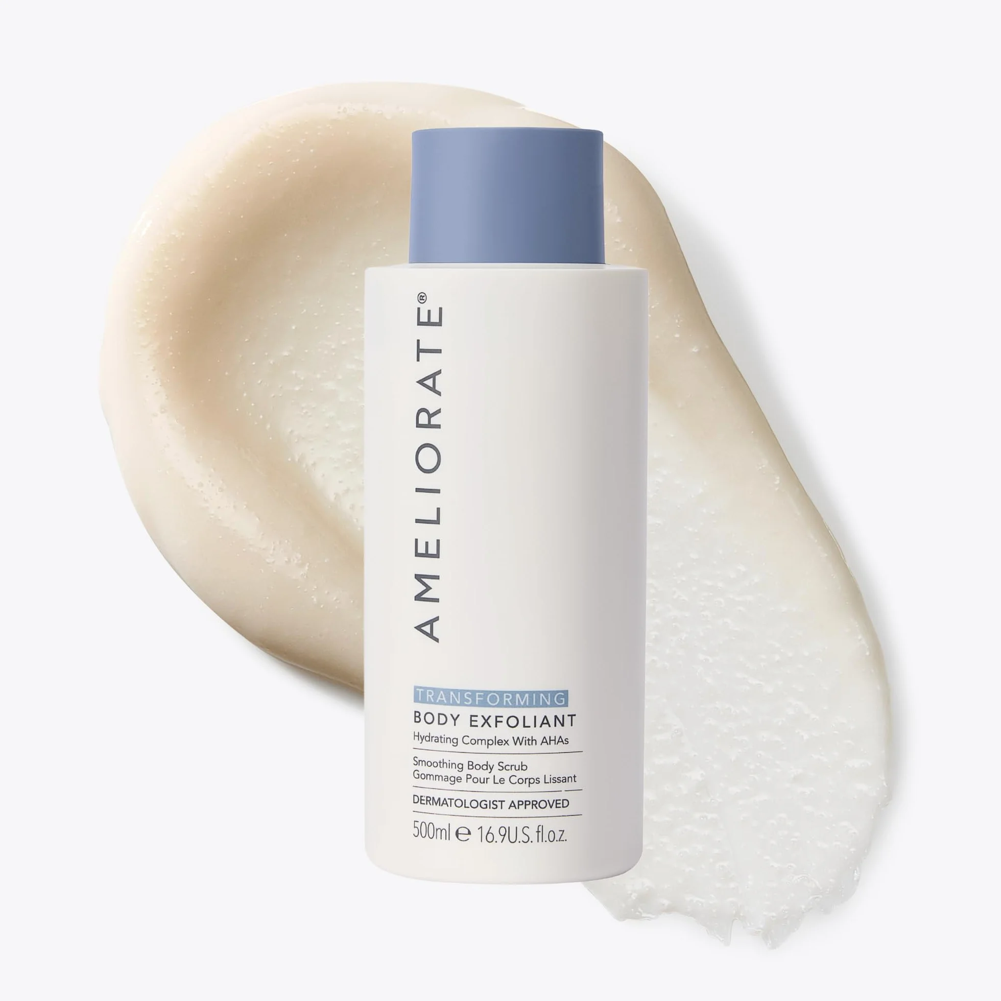 AMELIORATE Transforming Body Exfoliant 500ml for Keratosis Pilaris (KP), Bumpy & Dry Skin | Dual-Action AHA & Bamboo Scrub | Hydrating & Smoothing | Dermatologist Approved