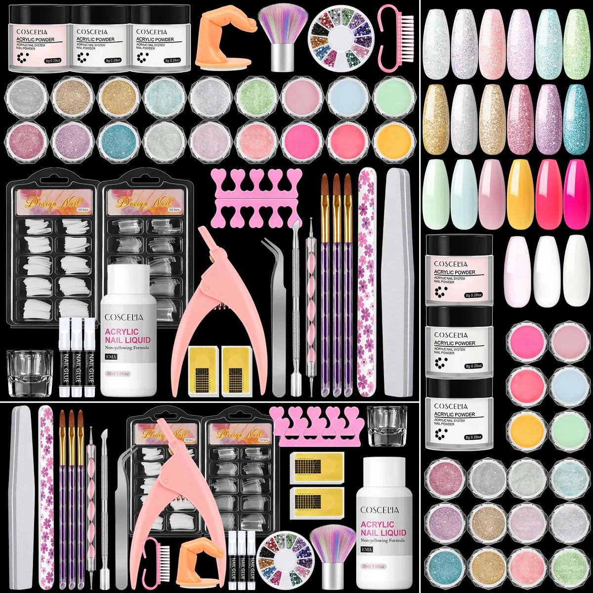 COSCELIA Kit Uñas Acrilicas Completo 21 Colors Acrilico para Uñas Profesional y 30ml Monomero, Glitter Polvo Acrilico para Uñas Acrilico Uñas Extensión Kit para Principiante y Profesional