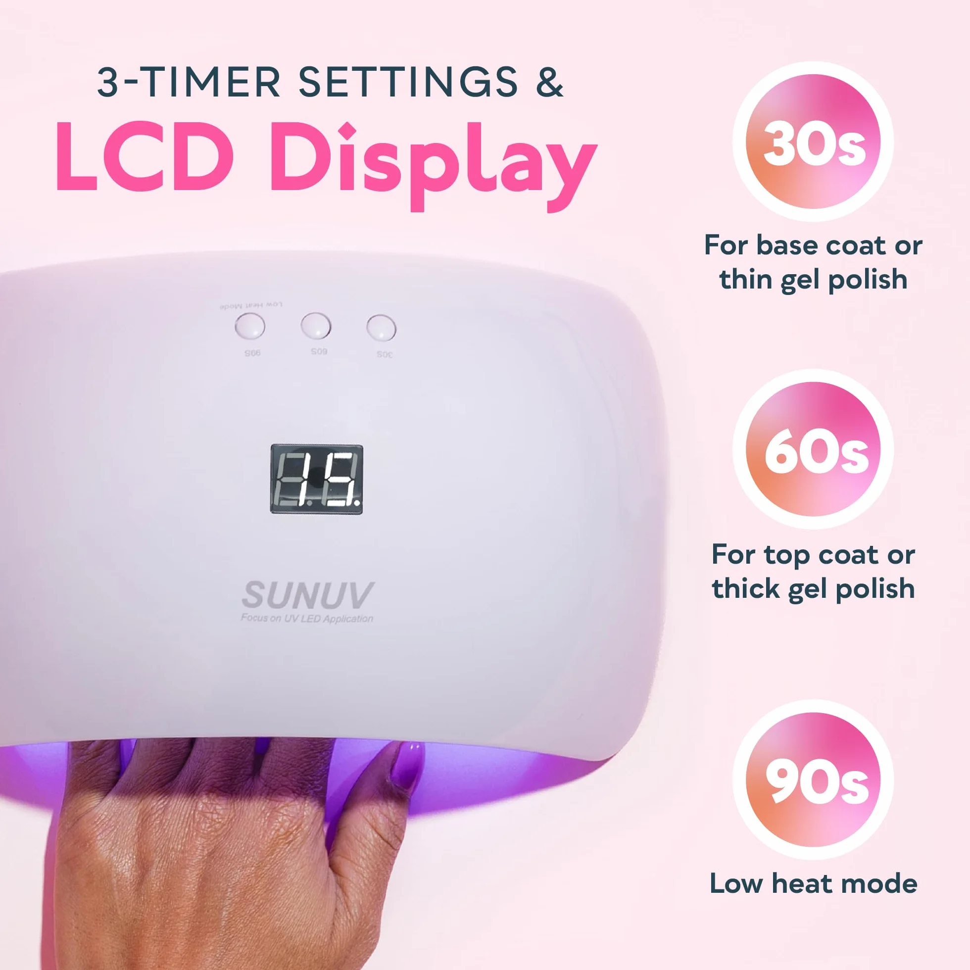 SUNUV Lámpara LED Uñas Lámpara de Uñas Secador de Uñas Rosa con Sensor de Inicio Automático, Pantalla LCD y Temporizador de 30/60/99s