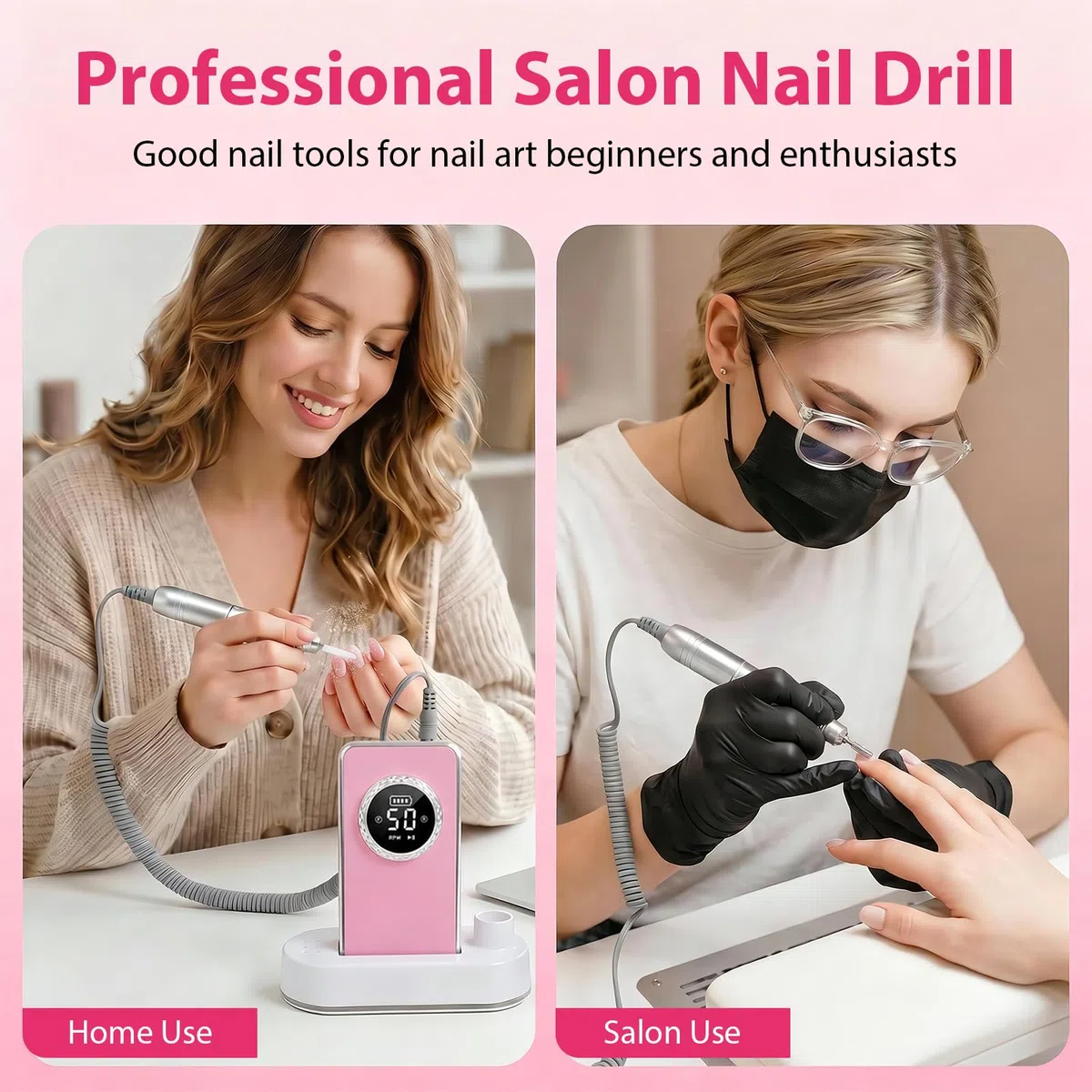 Taladro Eléctrico para Uñas Profesional, 50000 RPM, Kit de Lima Eléctrica Portátil Recargable – Uñas de Gel Acrílico, Cuidado de Pies & Pulido, Taladro para Uñas Inalámbrico para Casa & Salón(Rose)