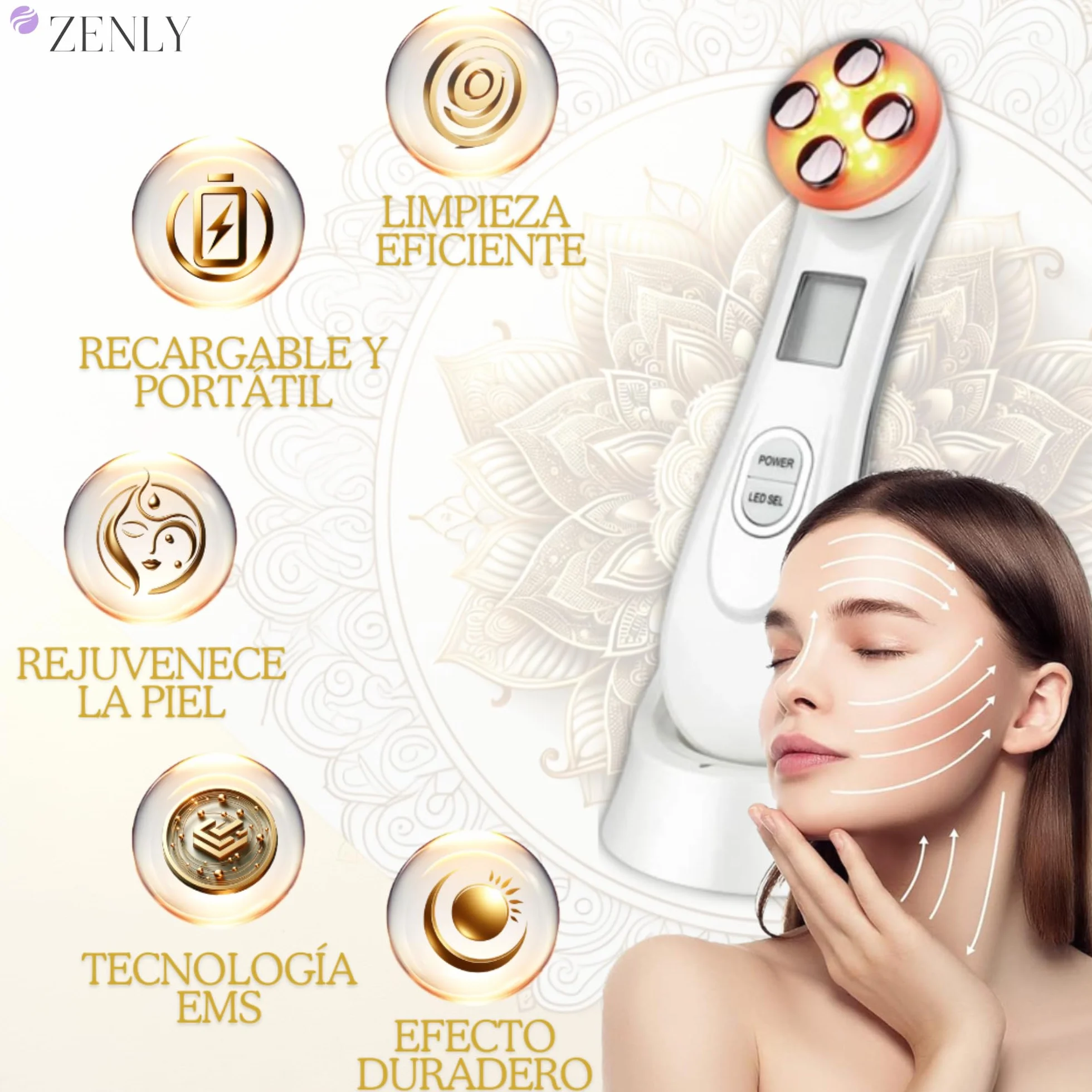 ZENLY Masajeador Radiofrecuencia Facial Multifuncional Profesional 6 en 1 - Tratamiento Antiarrugas, Lifting, Limpieza Profunda con Tecnología EMS y Luz LED para Piel Radiante, Rejuvenece y Tonifica