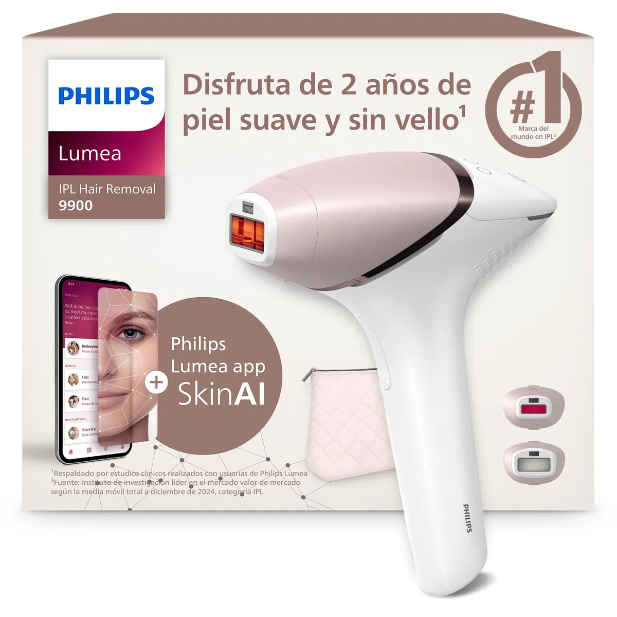 Philips Lumea serie 9900, dispositivo de depilación IPL, alternaternativa a la depilación láser, tecnología SenseIQ y SkinAI, 2 accesorios para cuerpo y rostro, BRI950/02.