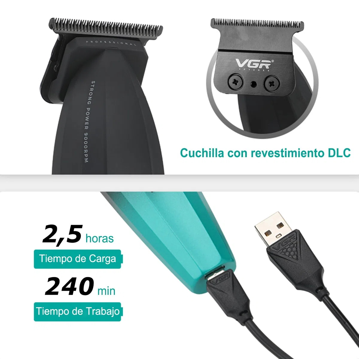 VGR 906 Fresh Fade - Cortadora de pelo profesional, 9000 rpm, sin huecos, para hombres, cortadora de pelo inalámbrica DLC T-Blade para barberos y recargable por USB, verde