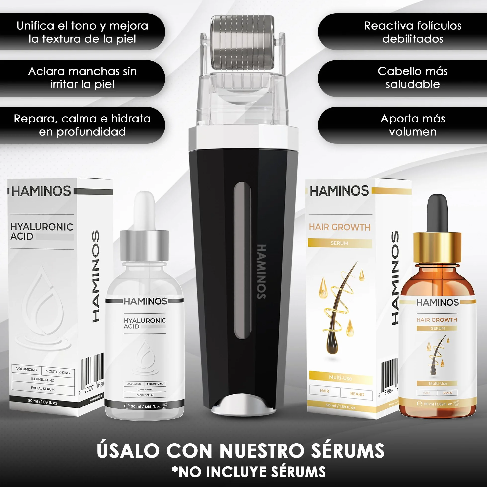 HAMINOS Derma roller 1 mm 3.0 con Depósito para Cabello, Barba, Piel, Arrugas, Estrías, Hiperpigmentación APLICACIÓN INSTANTÁNEA DEL SÉRUM, 520 Agujas de Titanio