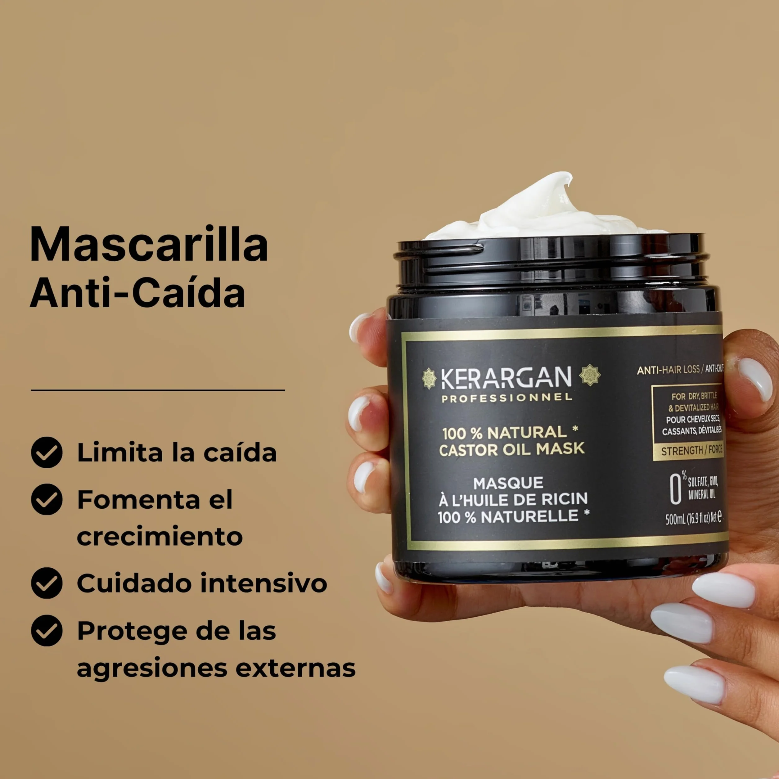 Kerargan Mascarilla Capilar Anti-Caída con Aceite de Ricino, Aloe Vera - 500ml