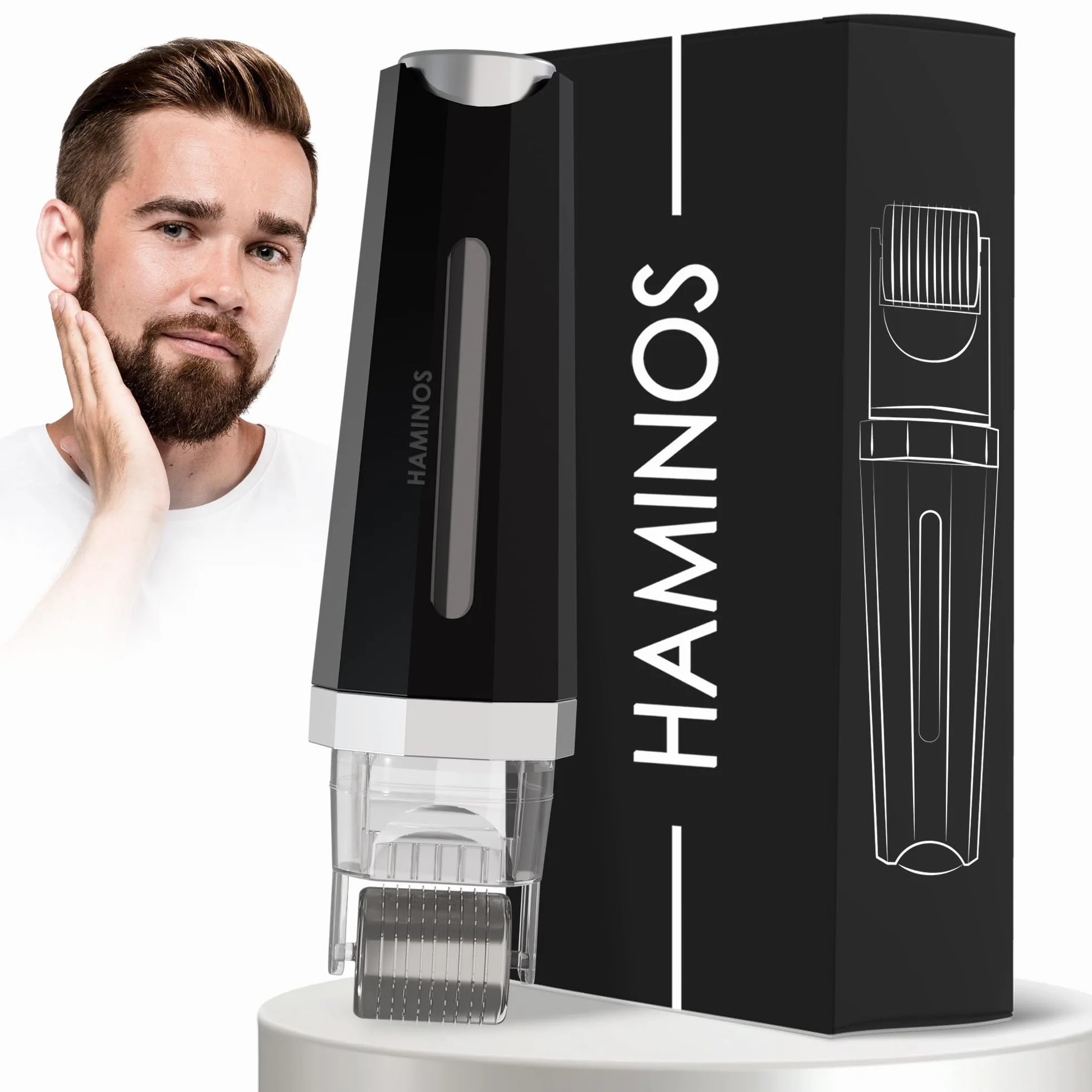 HAMINOS Derma roller 1 mm 3.0 con Depósito para Cabello, Barba, Piel, Arrugas, Estrías, Hiperpigmentación APLICACIÓN INSTANTÁNEA DEL SÉRUM, 520 Agujas de Titanio