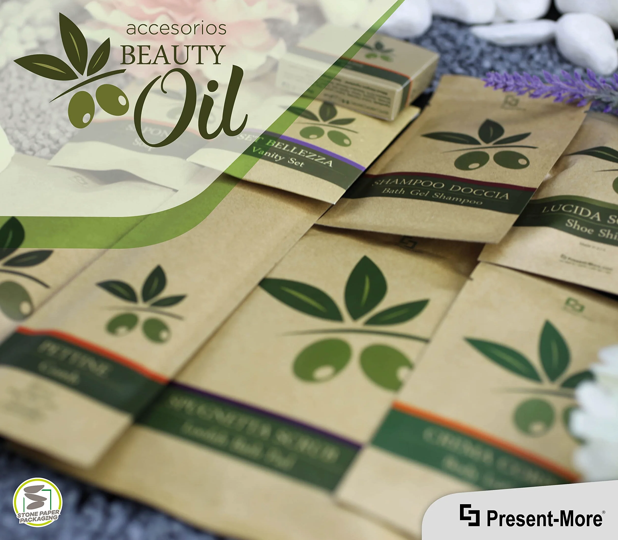 Present-More Kit barba Beauty Oil - Kit cuidado barba 250 unidades para Hoteles y B&B | Kit cuidado barba embolsado individualmente y envasado en material Stone Paper