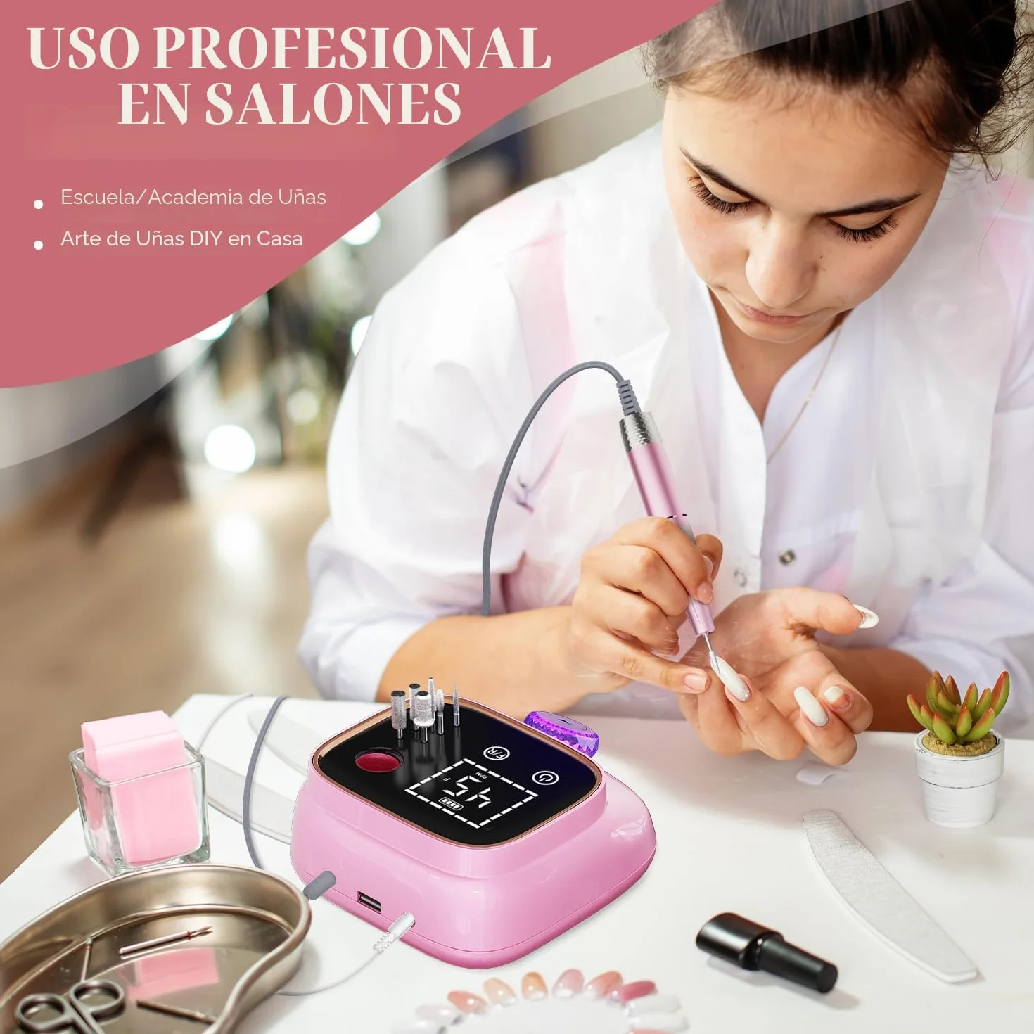 45,000 RPM Torno para Uñas Eléctricos, Lima Electrica Uñas Profesional, Pedicura, Pulido y Eliminación de gel de Uñas Acrílicas, para Uso Doméstico Salones de Uñas, Rosa
