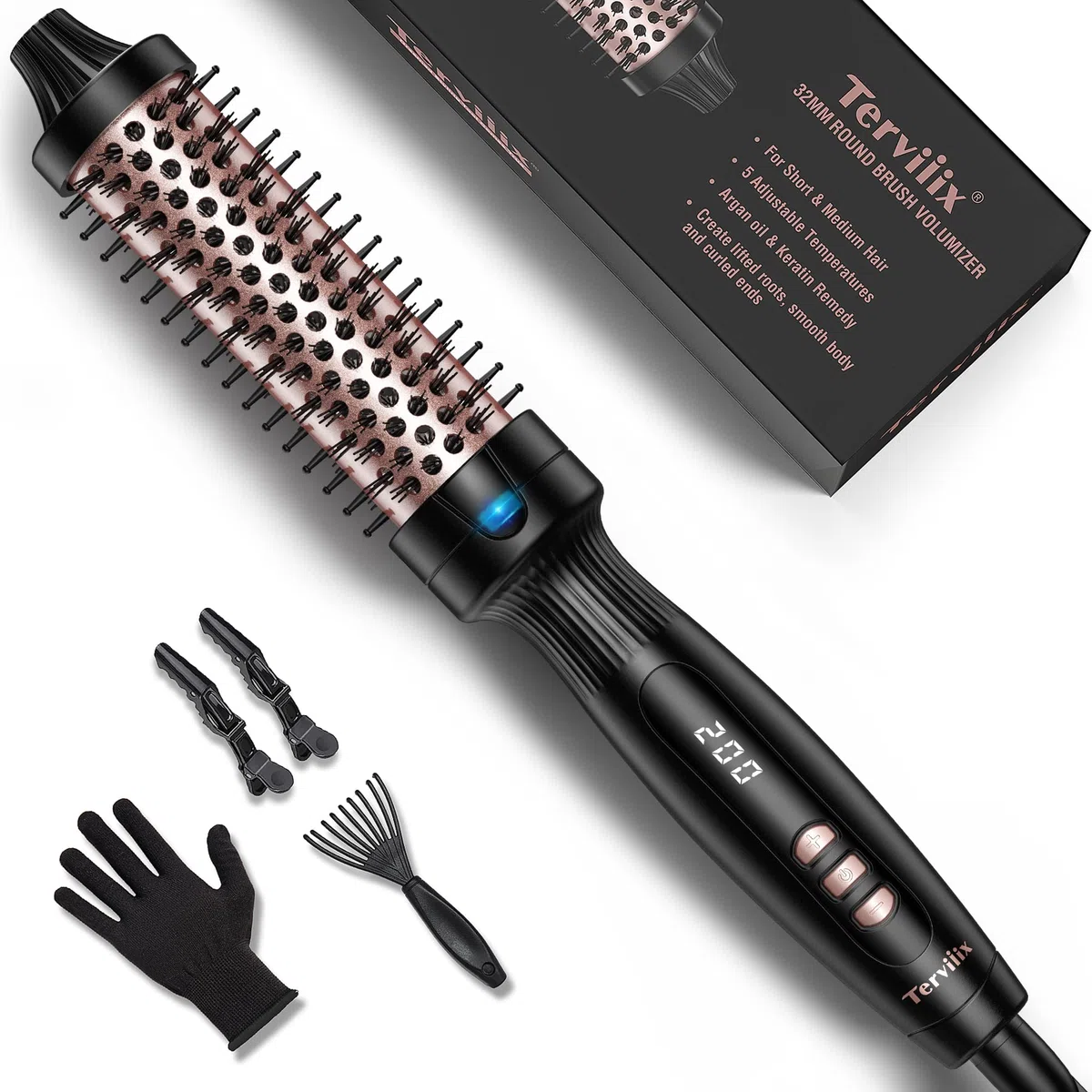 Terviiix cepillo de pelo caliente, queratina proteger barril calentado cepillo térmico, iónico suave brillo volumizar peine, doble voltaje alisador de pelo rizador herramienta de peinado 32mm