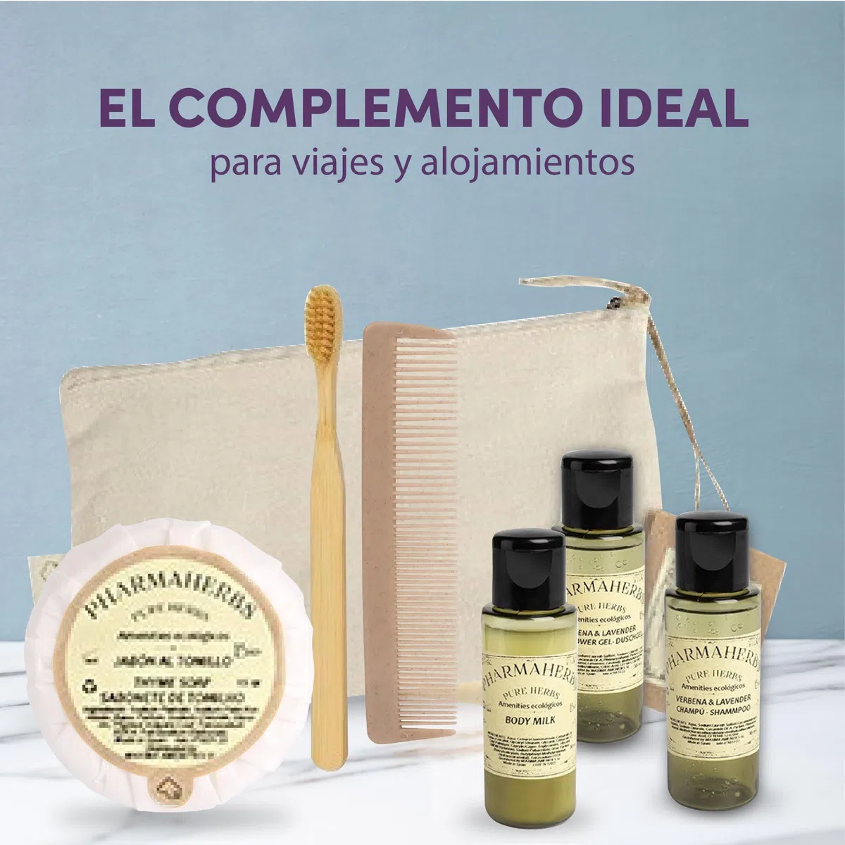 Pack de 50 Kits Completo en Neceser de Algodón - Incluye Gel, Champú, Body Milk, Jabón, Cepillo Dental de Bambú y Peine Biodegradable, Ideal para Hoteles y Viajes