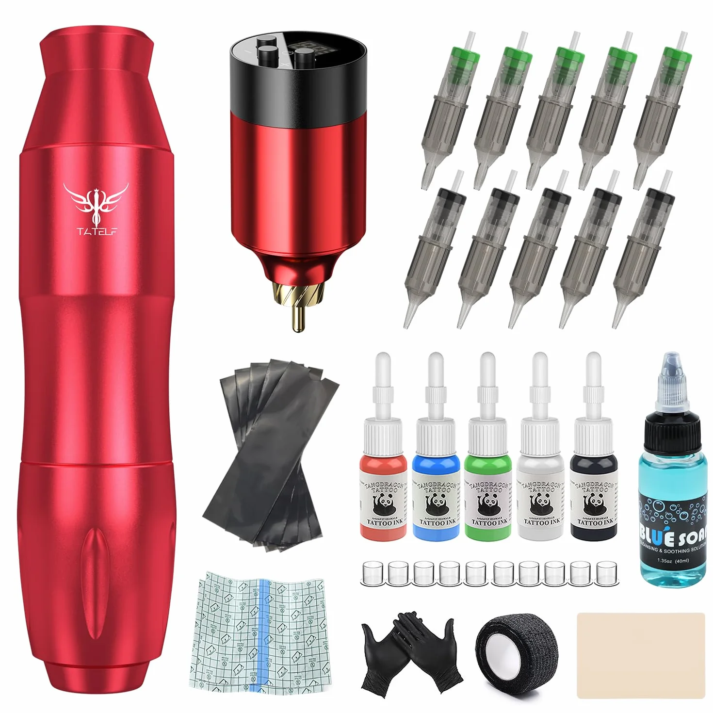 TATELF Máquina de Tatuaje Rotativa Inalámbrica, 1500mAh Batería LCD, Kit Completo con 5 Tintas y 10 Agujas Cartucho para Principiantes y Artistas