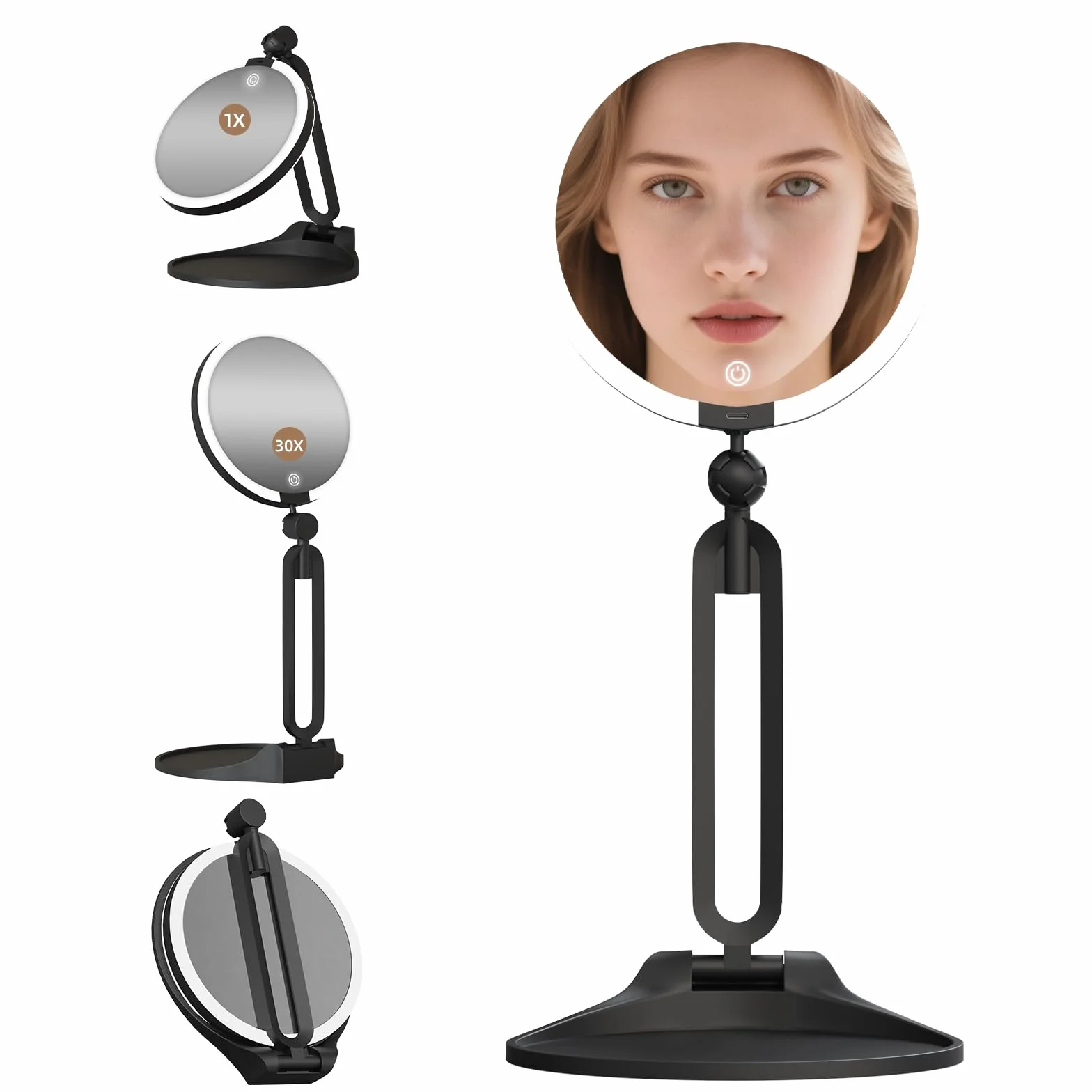 Espejo de maquillaje con aumento iluminado 30X/1X, espejo de maquillaje de doble cara con aumento 1X/30X y 3 luces de colores, espejo de escritorio recargable con aumento 30X y rotación de 360°