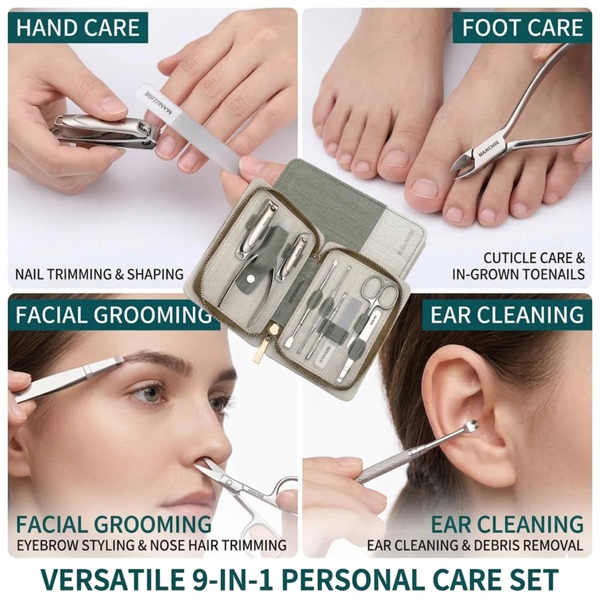 Set de Manicura 9 Piezas, Kit de Pedicura de Acero Inoxidable con Estuche, Set Profesional para el Cuidado de las Uñas con Cortaúñas, Tijeras, Lima de Vidrio para Uso Doméstico y Viajes