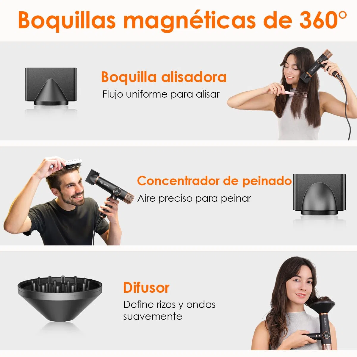Faszin Secador de Pelo Profesional, Secador Rápido Ligero, Motor 110,000 RPM, Secador Pelo Iónico de 200 Millones para Mujeres y Hombres, Silencioso con 3 Boquillas Magnéticas (Negro y oro)
