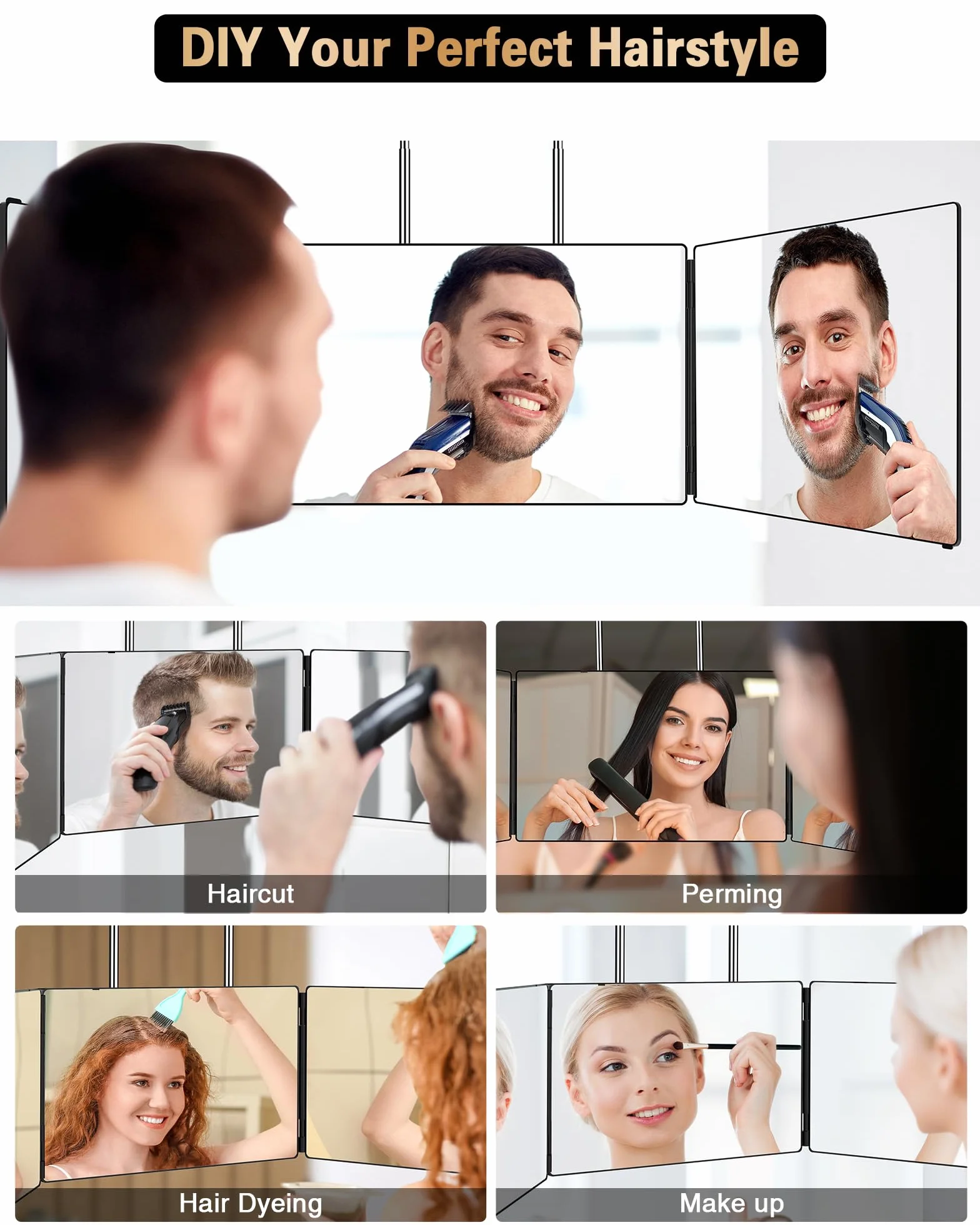 JUSRON Espejo de 3 Vías, Espejo 360º Colgable Portátil, Espejo Maquillaje de 3 Lados Altura Ajustable con Gancho Retráctil