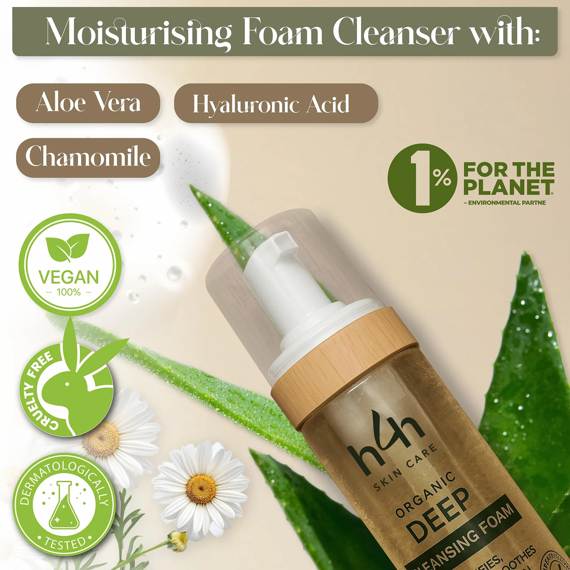 Espuma limpiadora facial orgánica – Limpieza facial suave para pieles sensibles – Con aloe vera, ácido hialurónico y manzanilla – Limpiador de espuma hidratante – Vegano y sin perfume – 150 ml