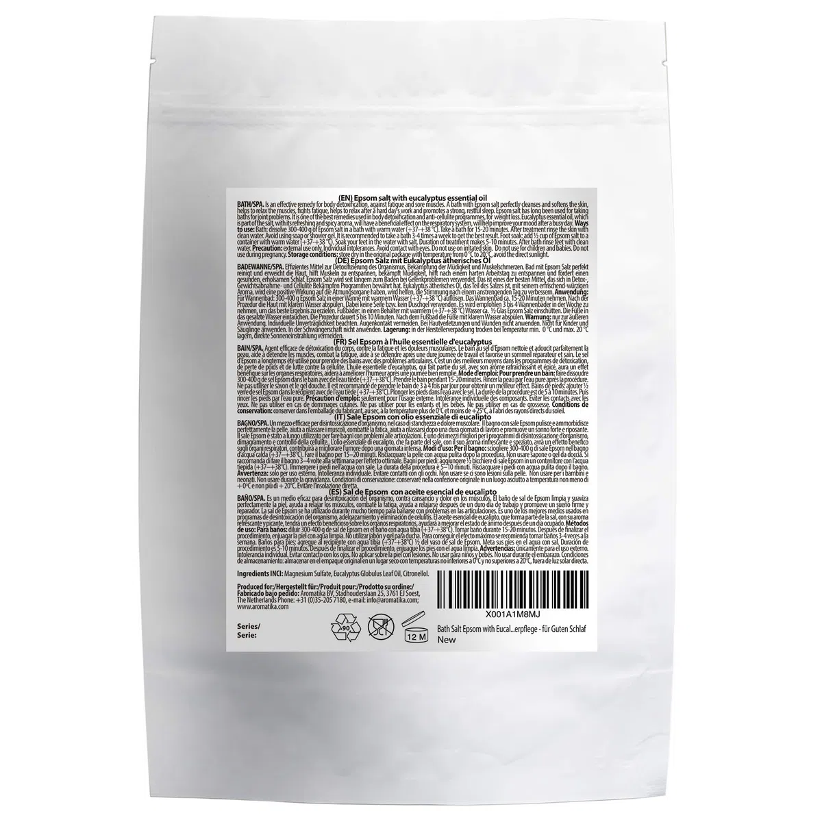Sal Inglesa de Baño con Aceite Esencial de Eucalipto 3kg - Cristales de Sulfato de Magnesio para Aliviar el Dolor Muscular - Cuidado de la Piel - Relajación Muscular - Buen Sueño