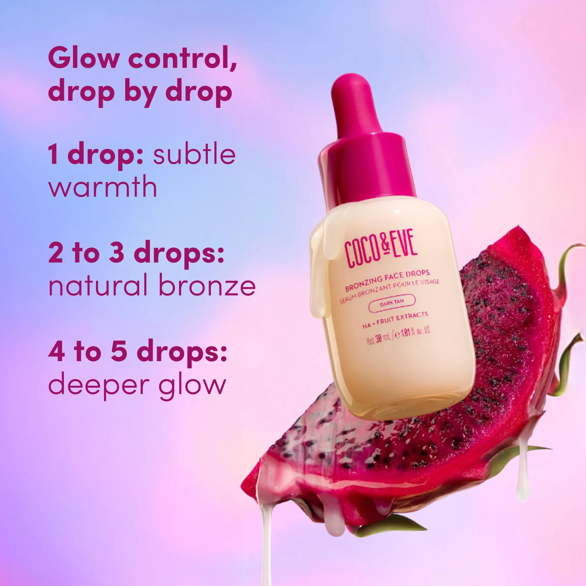 Coco & Eve Sunny Honey - Bronceador facial en gotas - Hidratante con ácido hialurónico - Sérum de bronceado gradual y natural - Para estar moreno sin exponerse al sol - 30ml (Oscuro)