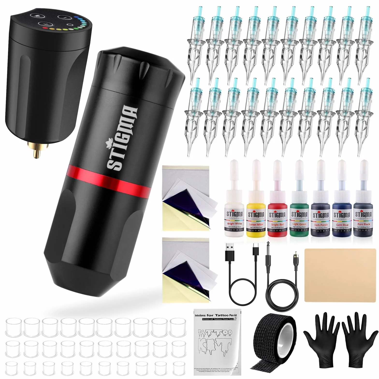 STIGMA Pro Maquina de Tatuar con Bateria 1400 mAh,20Pcs Agujas de Cartuchos de Tattoo, Wireless Tattoo Kit Complete